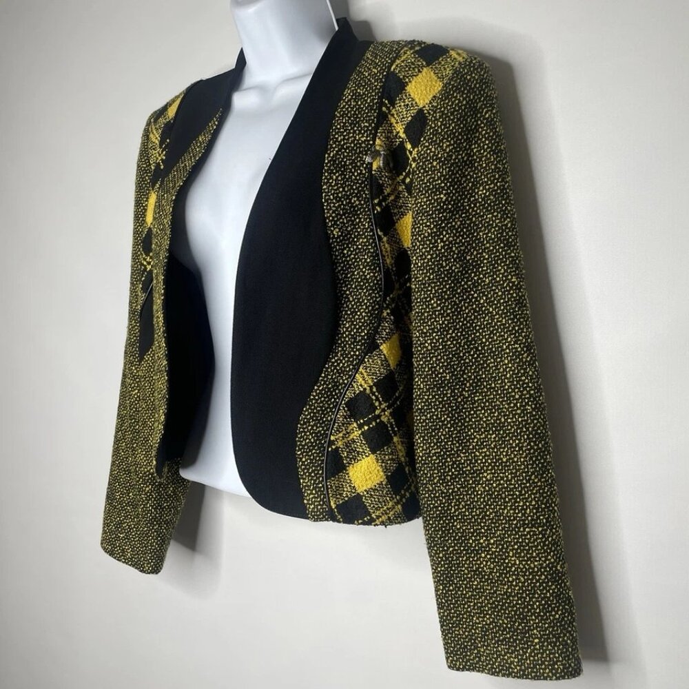 Vintage 90s City Girl Black Yellow Tweed Plaid Cropped Open Front Blazer Size 6 - Picture 7 of 10